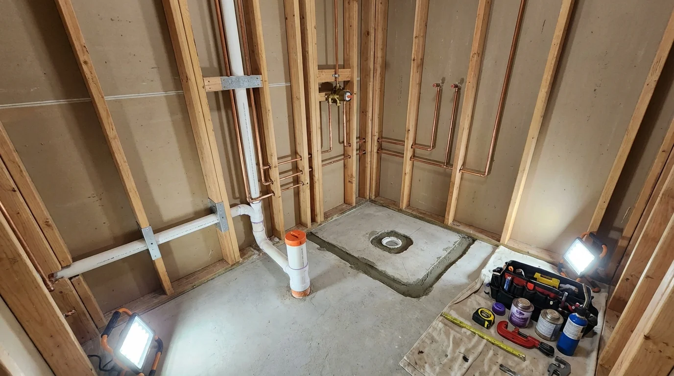 Bathroom rough-in plumbing during remodel by Johns Plumbing LLC in Bridgeport