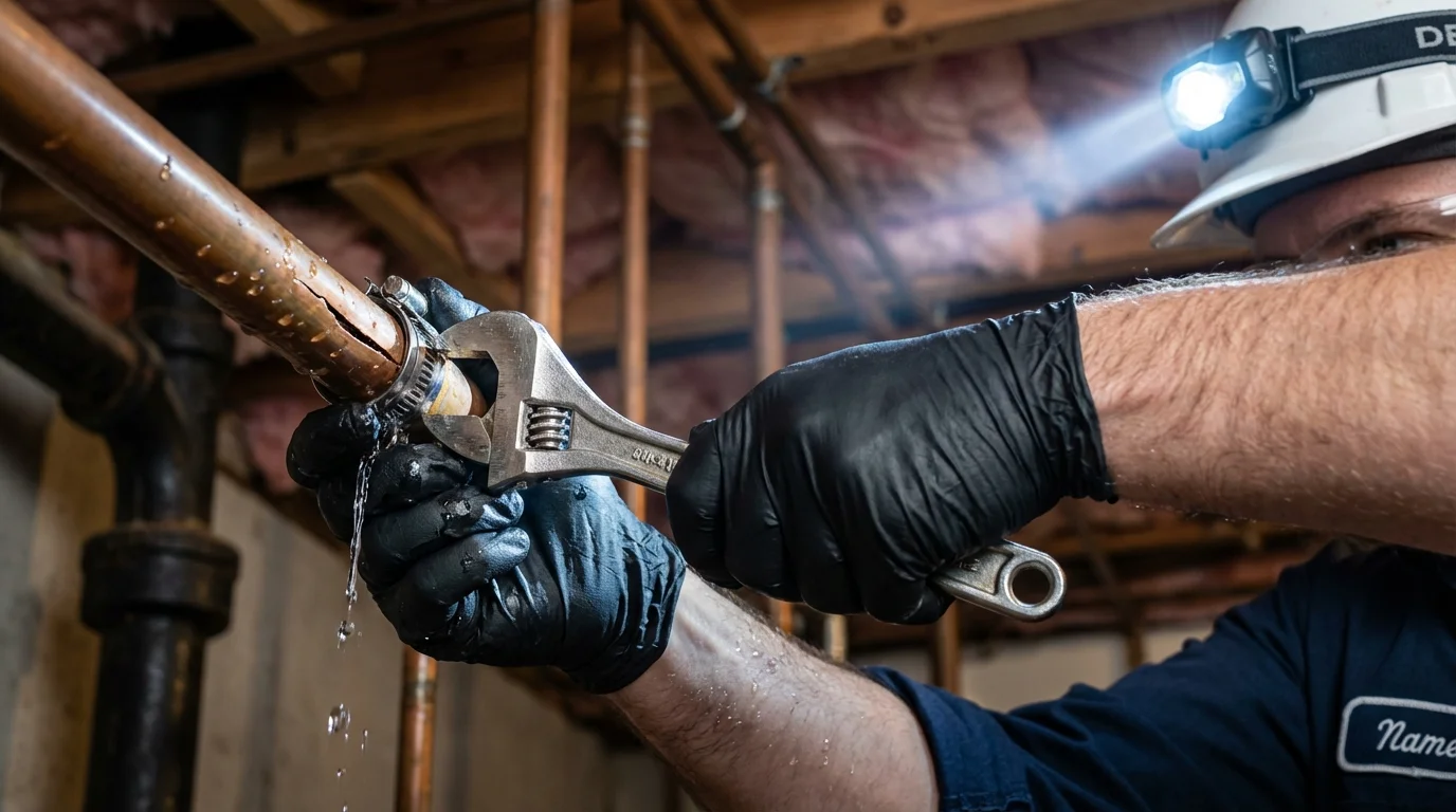 Emergency pipe clamp repair being performed by a Johns Plumbing LLC plumber in Bridgeport