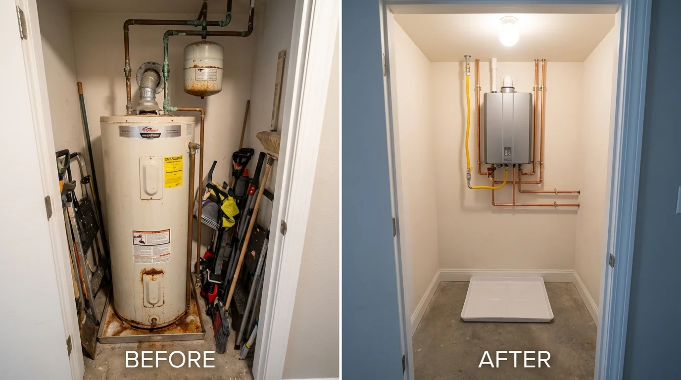 Tank water heater versus wall-mounted tankless unit comparison for Bridgeport, NE homeowners