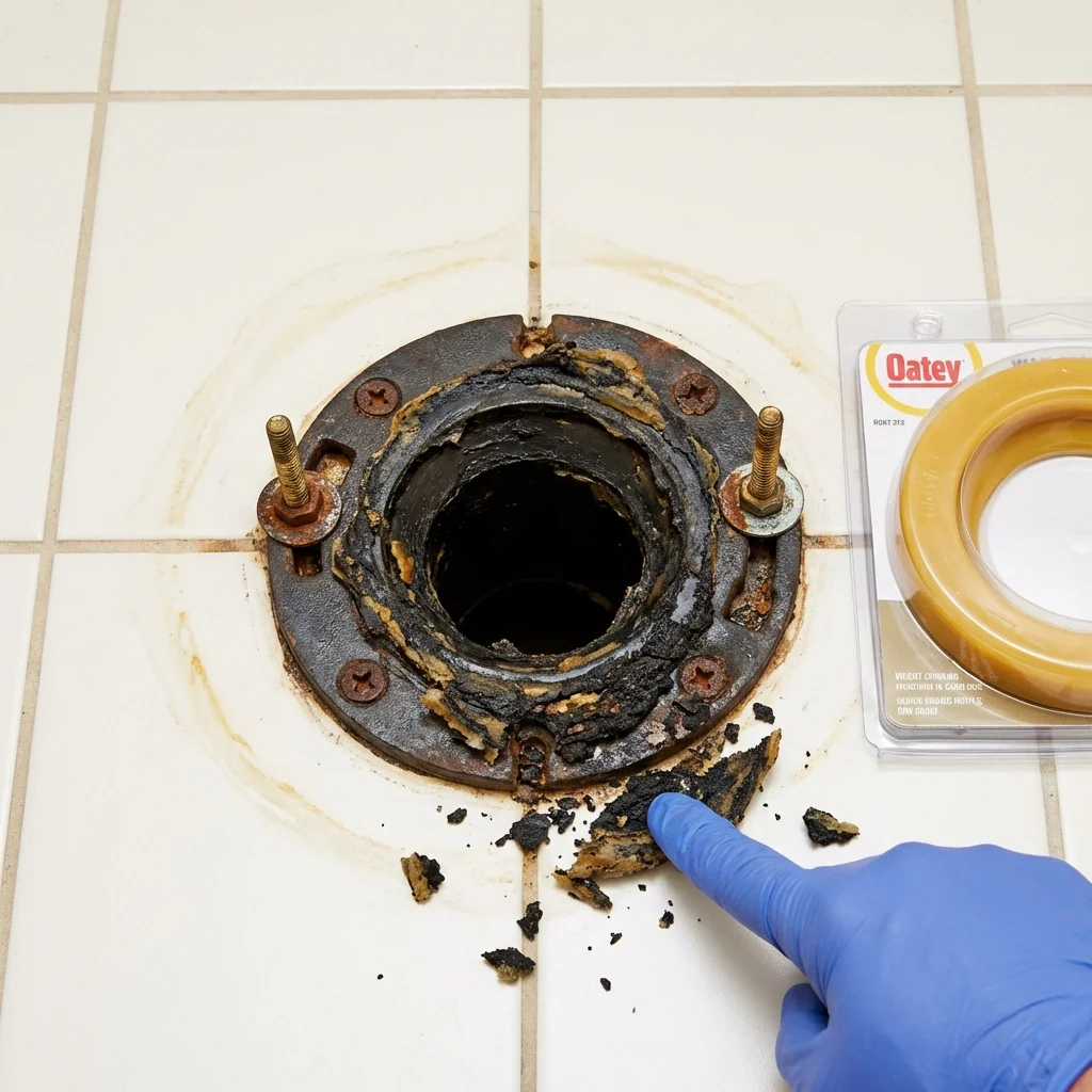 Failed wax ring showing water seepage at the base of a toilet in a Bridgeport, NE home