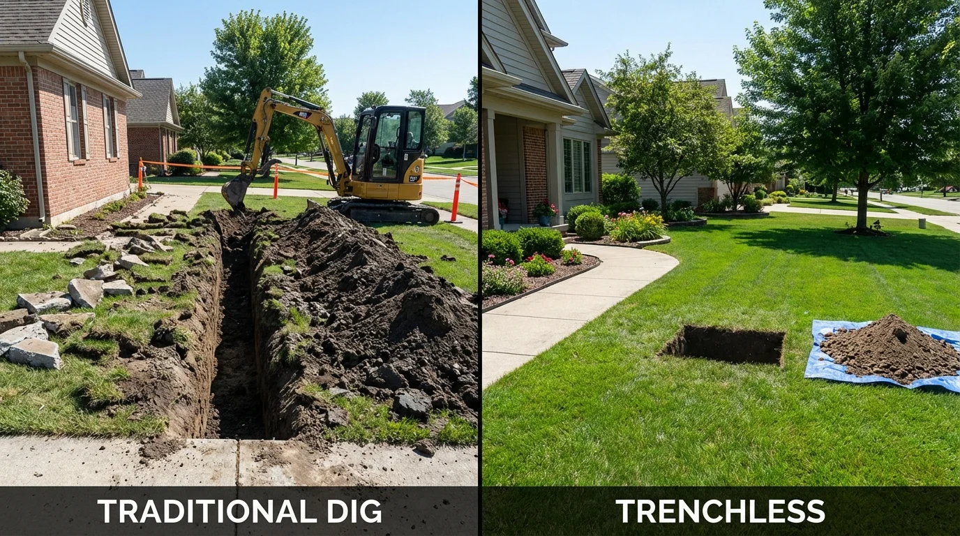 Trenchless sewer repair with minimal yard damage versus traditional excavation in Bridgeport, NE