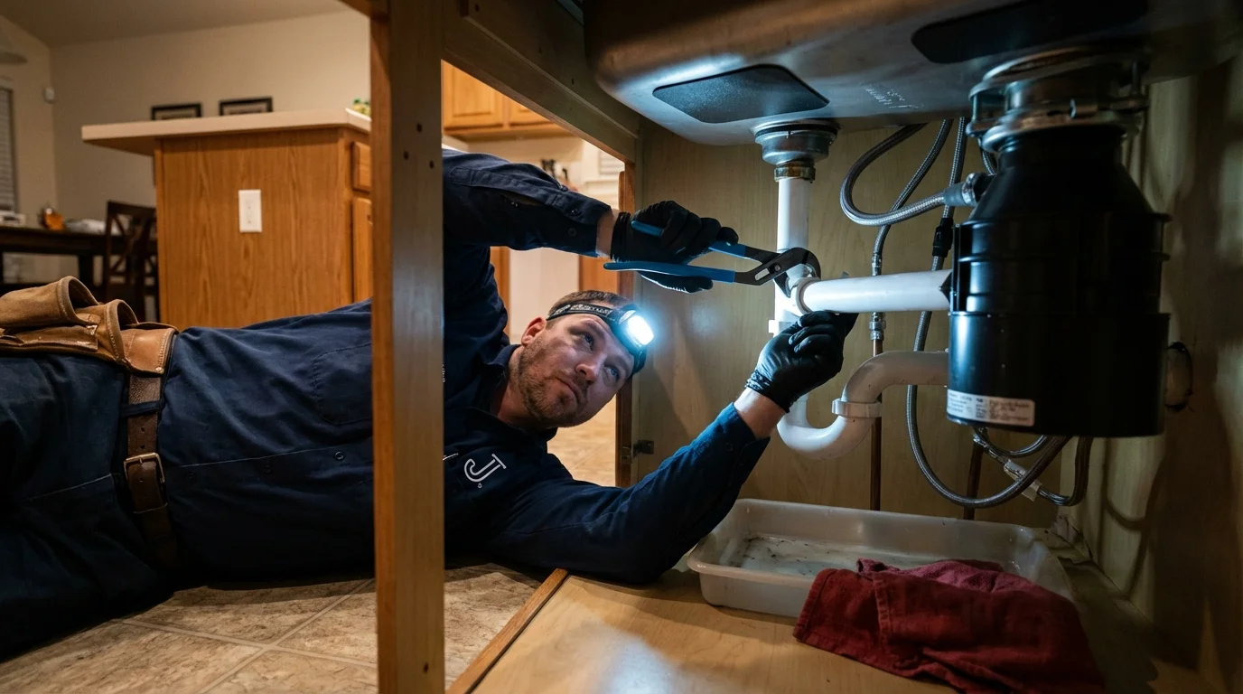 P-trap and supply line connections under a kitchen sink showing a common leak point in Bridgeport, NE